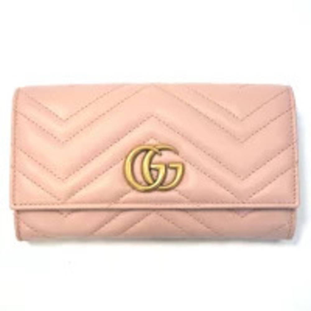 Gucci Bi fold Long Wallet Continental GG Marmont Pink Beige Leather